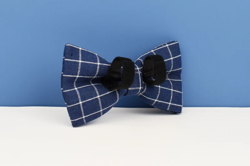 Dark Blue Check Dog Collar Leashes Harness Bow Set Grid 02