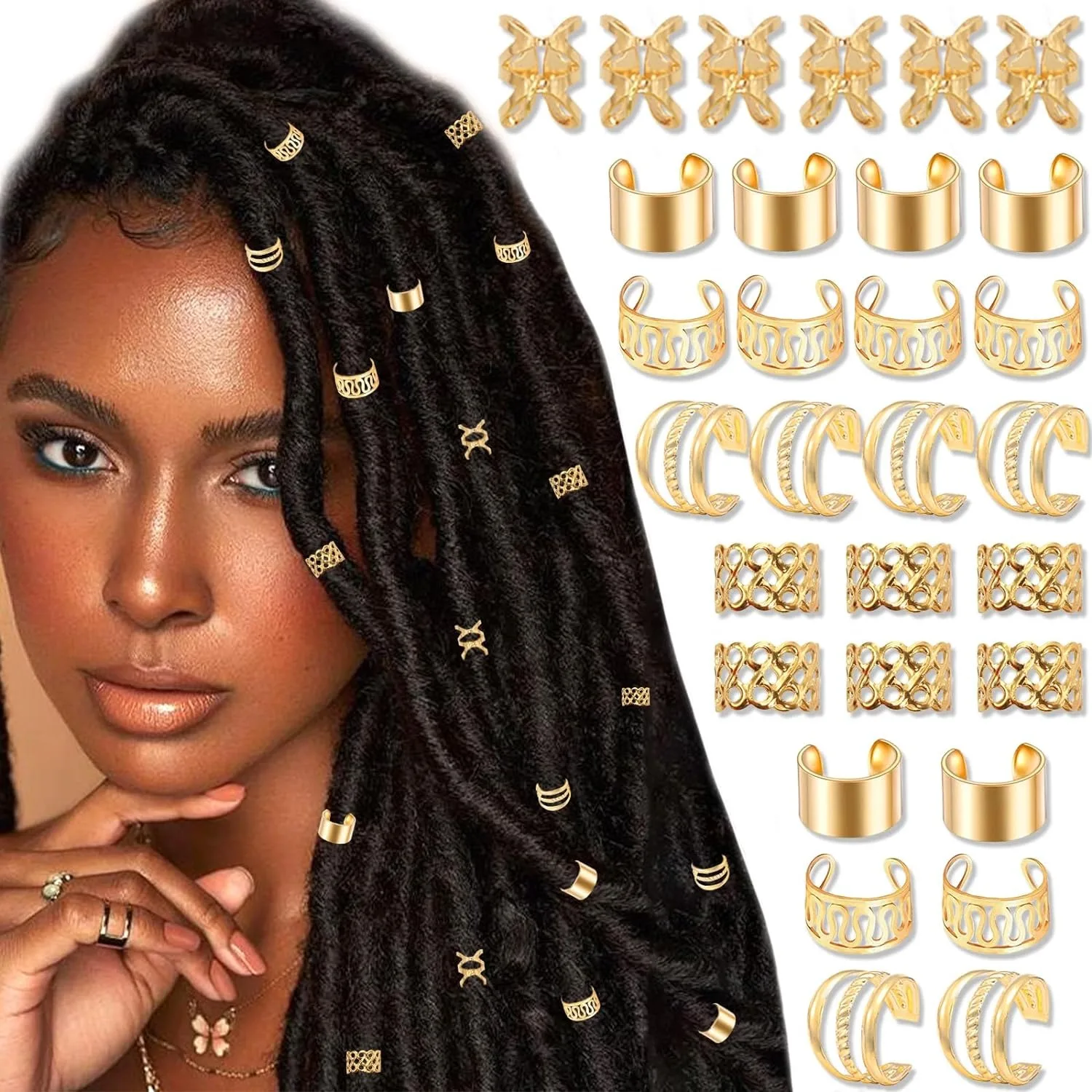 

50PCS Alloy Hair Jewelry for Braids Dreadlock Accessories Metal Braid Clips Non-Piercing Ear Clips Beard Beads Hair Cuffs Clips