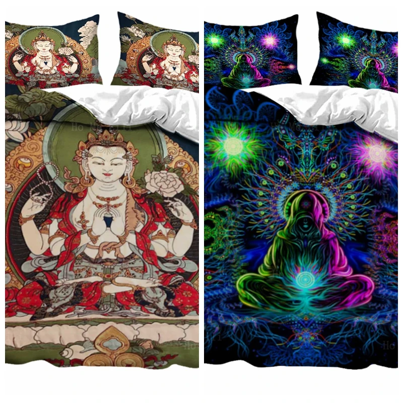 

Four Armed Avalokiteshvara Thangka Buddha Frescoes Psychedelic Shaman Trance Duvet Cover Set By Ho Me Lili Bedding Decor