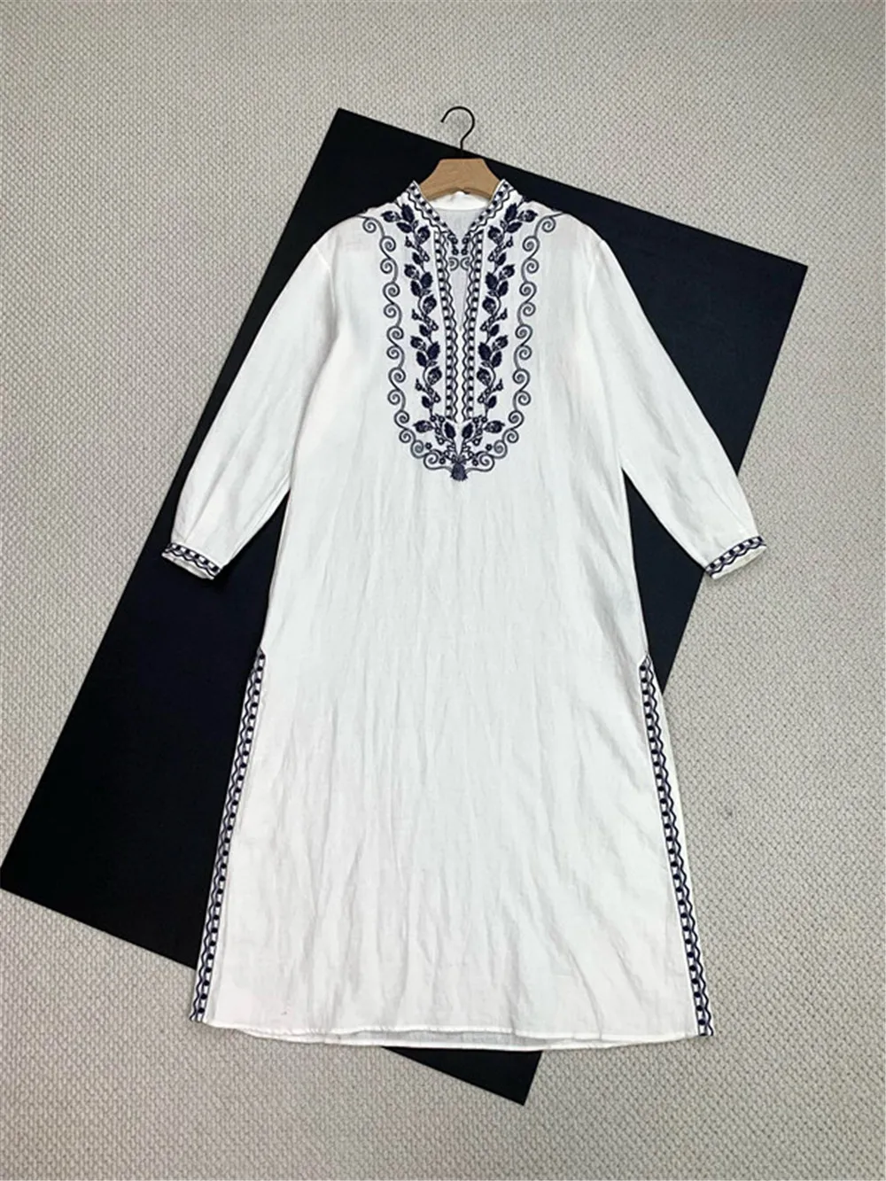 Exquisite Embroidery Linen Dress Slit Long Dresses High Quality Women\'s Clothing