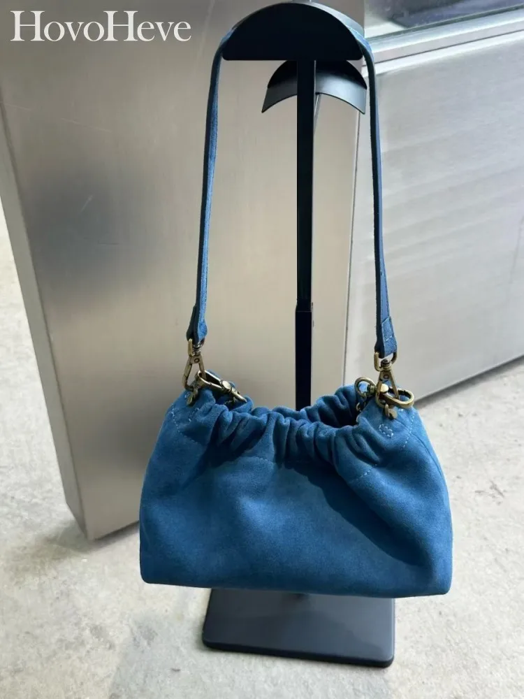 

New Vintage Suede Cowskin Women Bucket Single Shoulder Bag Casual Genuine Leather Office Ladies Design Underarm Crossbody Bag