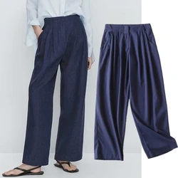 Maxdutti England Style Office Lady Pants Women High Wasit Loose Trousers Fashion Solid Casual Commuting Cotton Linen