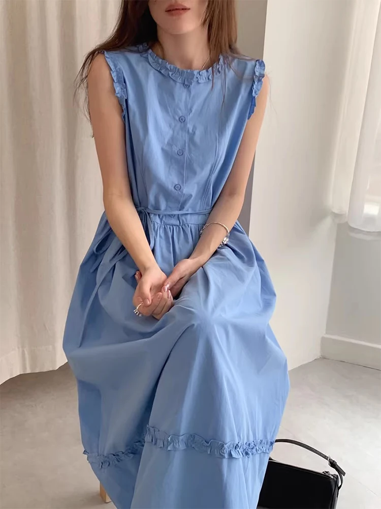 Clothland Women Sweet Ruffled Shirt Dress Sashes Sleeveless A Line One Piece Female Fashion Midi Dresses Vestido QE146