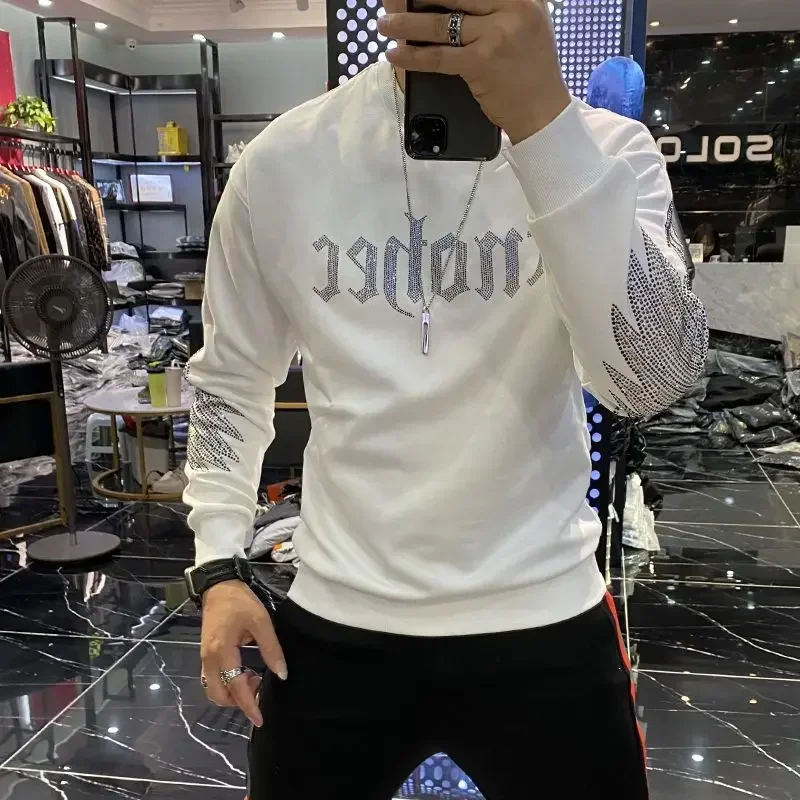 Men\'s Clothing Pullover Diamond Fleeced Sweatshirts for Man Round Neck Crewneck Slim Fit Hoodieless Top Harajuku Fashion Funny