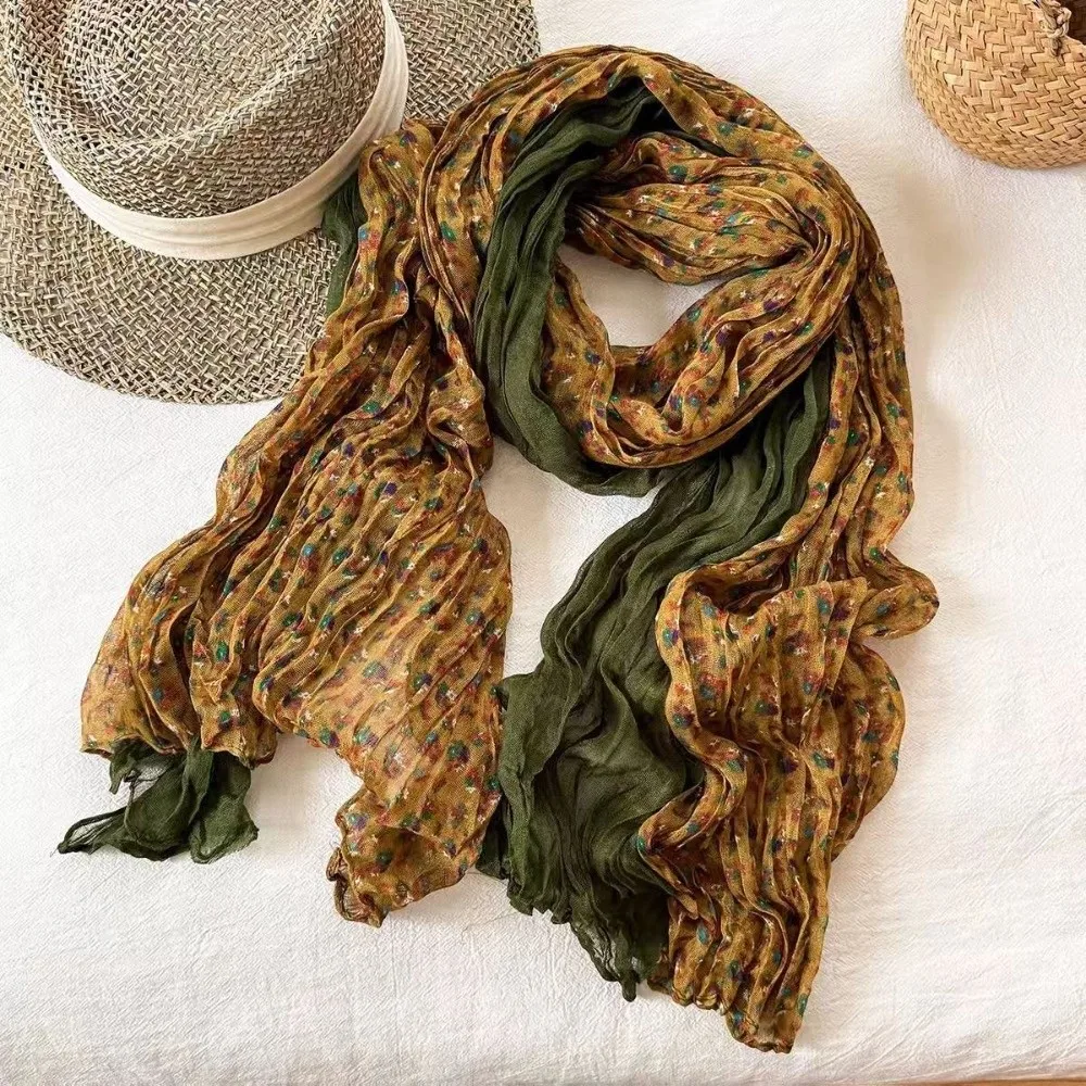 Vintage Flower Printed Pleated Scarf Yarn Color Block Neck Wrap Shawl Polyester Neck Warmer Daily Wear