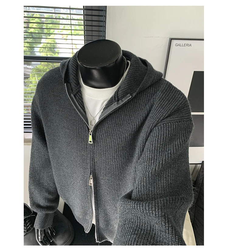 2026 New Autumn Winter Simple Solid Color Knitted Hoodie Men Japan Korean Fashion Casual Loose Double Zipper Hooded Jacket
