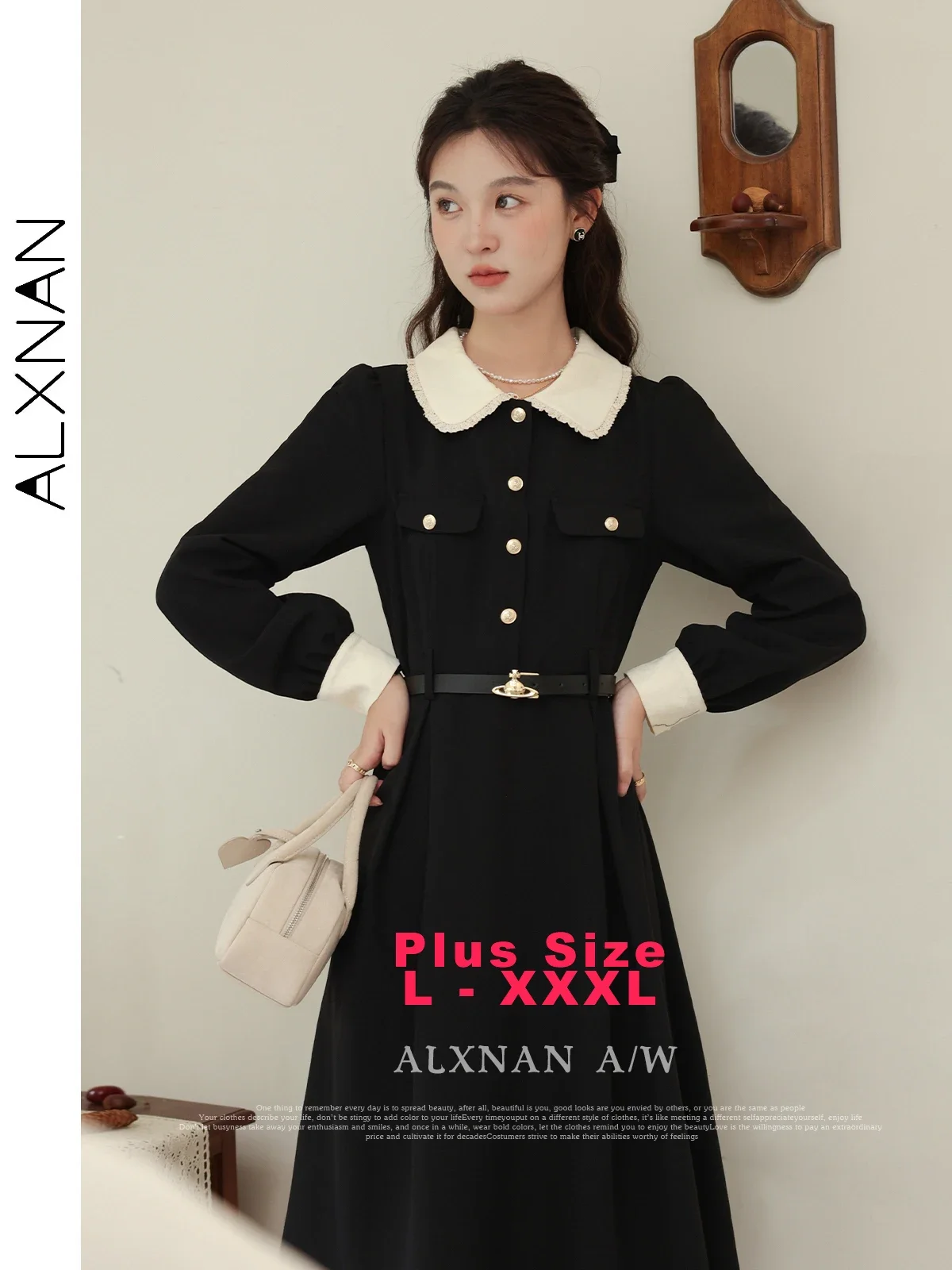 

ALXNAN Women's Patchwork Plus Size Dresses Jacquard Lapel Collar Metal Buttons Long Sleeves Autumn Winter Commuter Dress DM00108