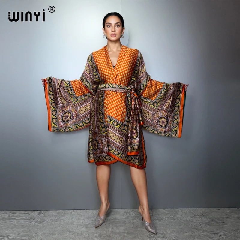 

WINYI Women's Boho Kimono Beach Outfit Long Sleeve Cover up Cardigan Swim Suit Holiday Kaftan Coat with Self Belt