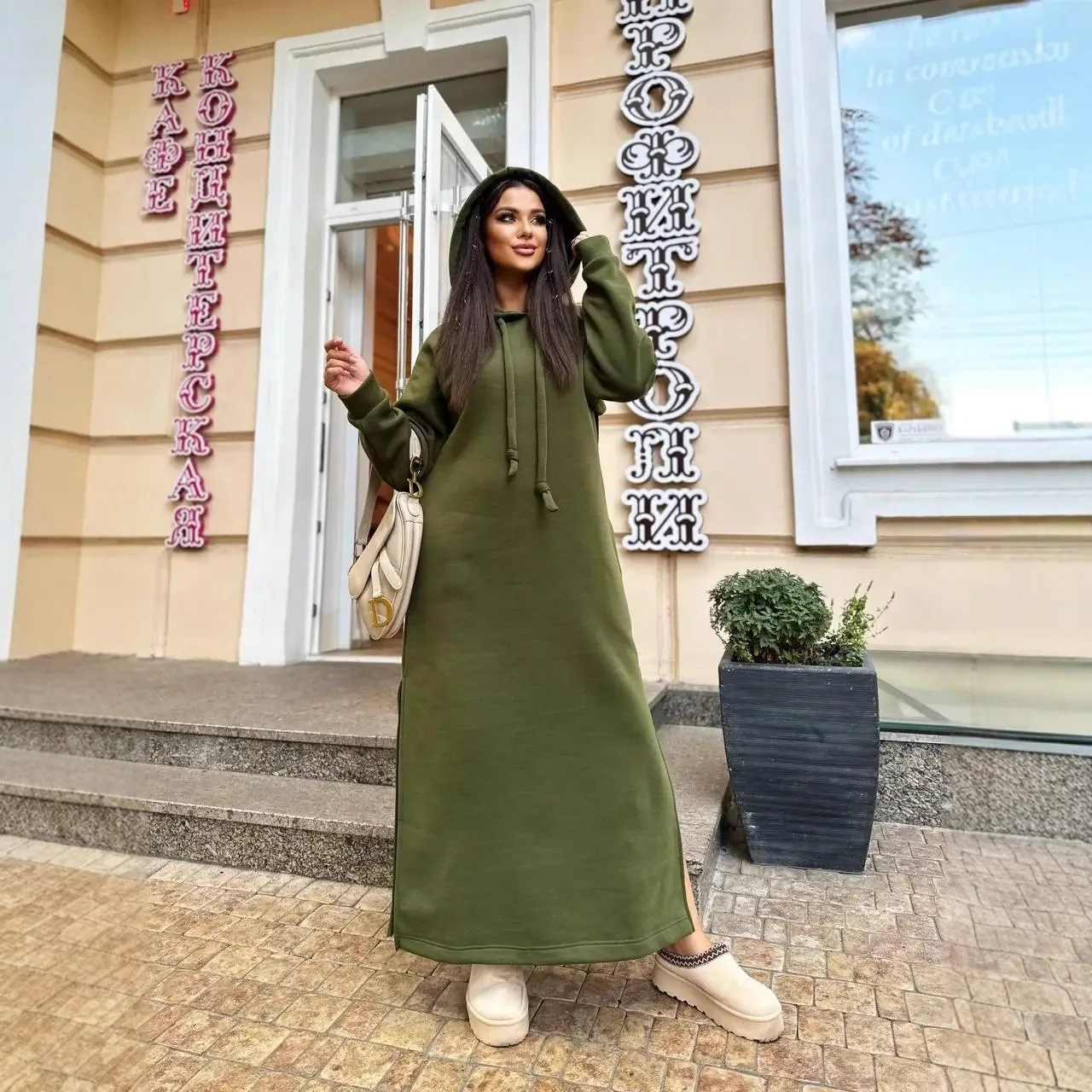 

Plus Size Women Fashion Autumn and Winter New Loose Knitted Velvet Hoodie Dress Ladies Long Dress Velvet Hoodie Casual Dress