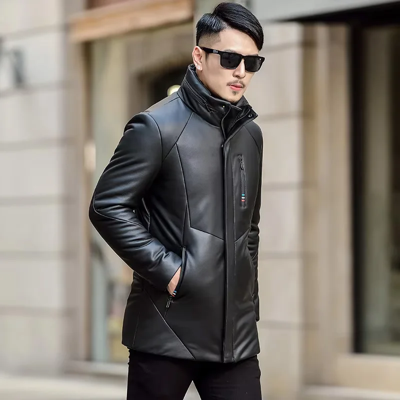 

Men's Thiened Genuine Leather down Jaet Long Zipper Straight Cut Casual Faion Urban Sle Winter Coat eepskin Leather