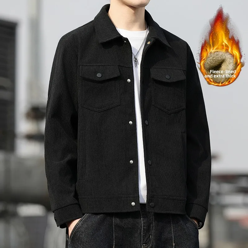 

Autumn Winter Thiened Fce Lined Corduroy Jaet Men's Casual Workwear Collared Jaet Versatile Top for Young Men