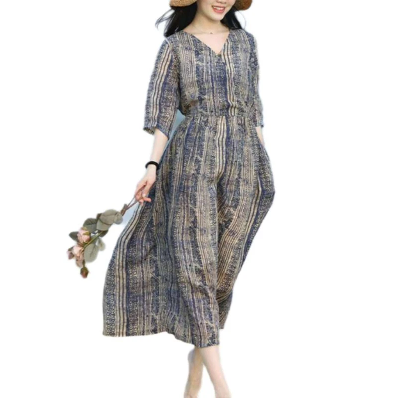 فستان من القطن والكتان، تنورة طويلة مخططة بتصميم عتيق، فستان نسائي لربيع وصيف 2025