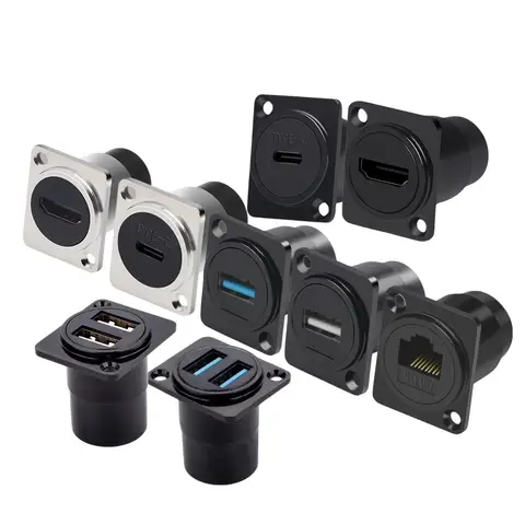 1pc Metal Round/D Type Module RJ45 CAT6&USB 2.0/3.0&Type C&HDMI-Jack Socket Through Network Panel Mounting Electronic Connector