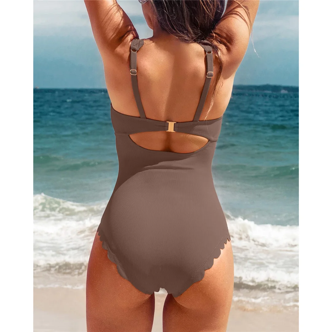 S - XXL, 11 Farben, gerippter, geraffter Damen-Badeanzug, einteiliger Badeanzug, rückenfreier, hoch geschnittener Badeanzug, Badebekleidung, Modell V7097. – Detail 18