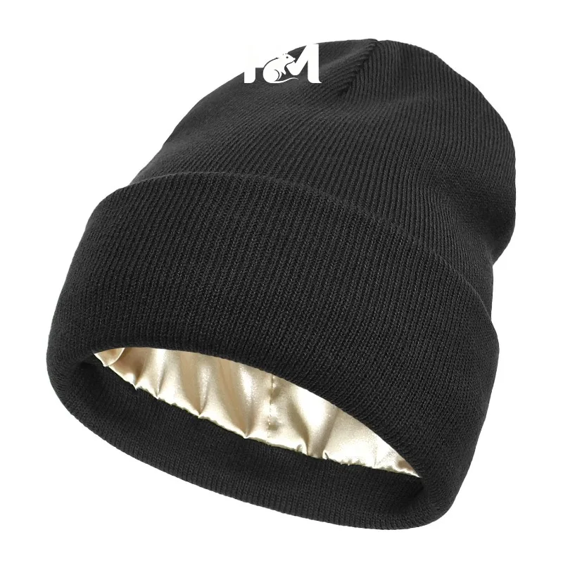 Satin Lined Anti Static Beanie for Women Winter No Static 2 Layer Knitted Hat Silk Satin Bonnet Hair Cover Sleep Cap SkiSkullies
