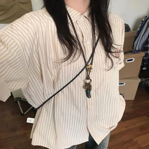 Imagen 2 del producto Ropa de mujer estilo coreano camisa de rayas verdes de manga corta inspiración japonesa suelta ajuste verano Casual Top moda