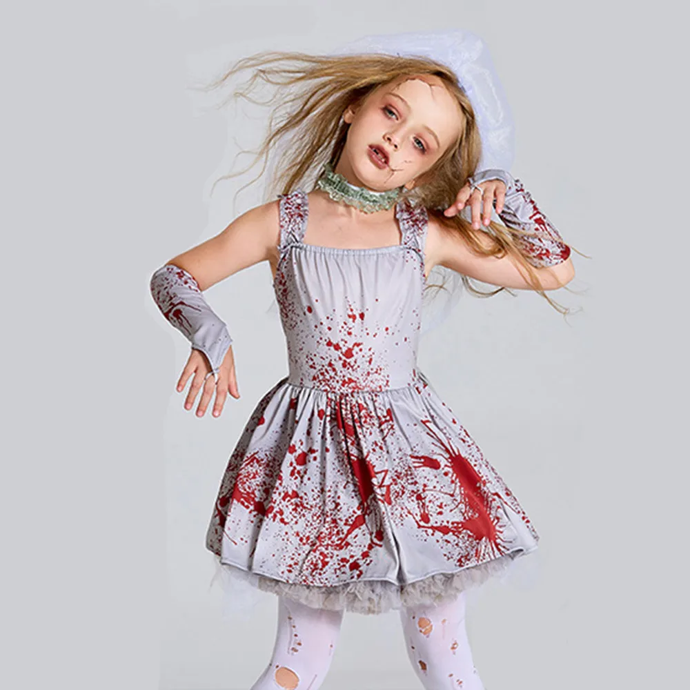 Meisjes Corpse Bride Scary Cosplay Kids Kinderen Halloween Bloody Walking Dead Zombie Kostuum Carnaval Purim Rollenspel Feestjurk