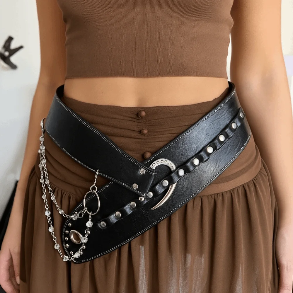 Retro vintage rebite cinto de couro resistente y2k cinto de cintura feminino chique punk vestido jeans cinto feminino