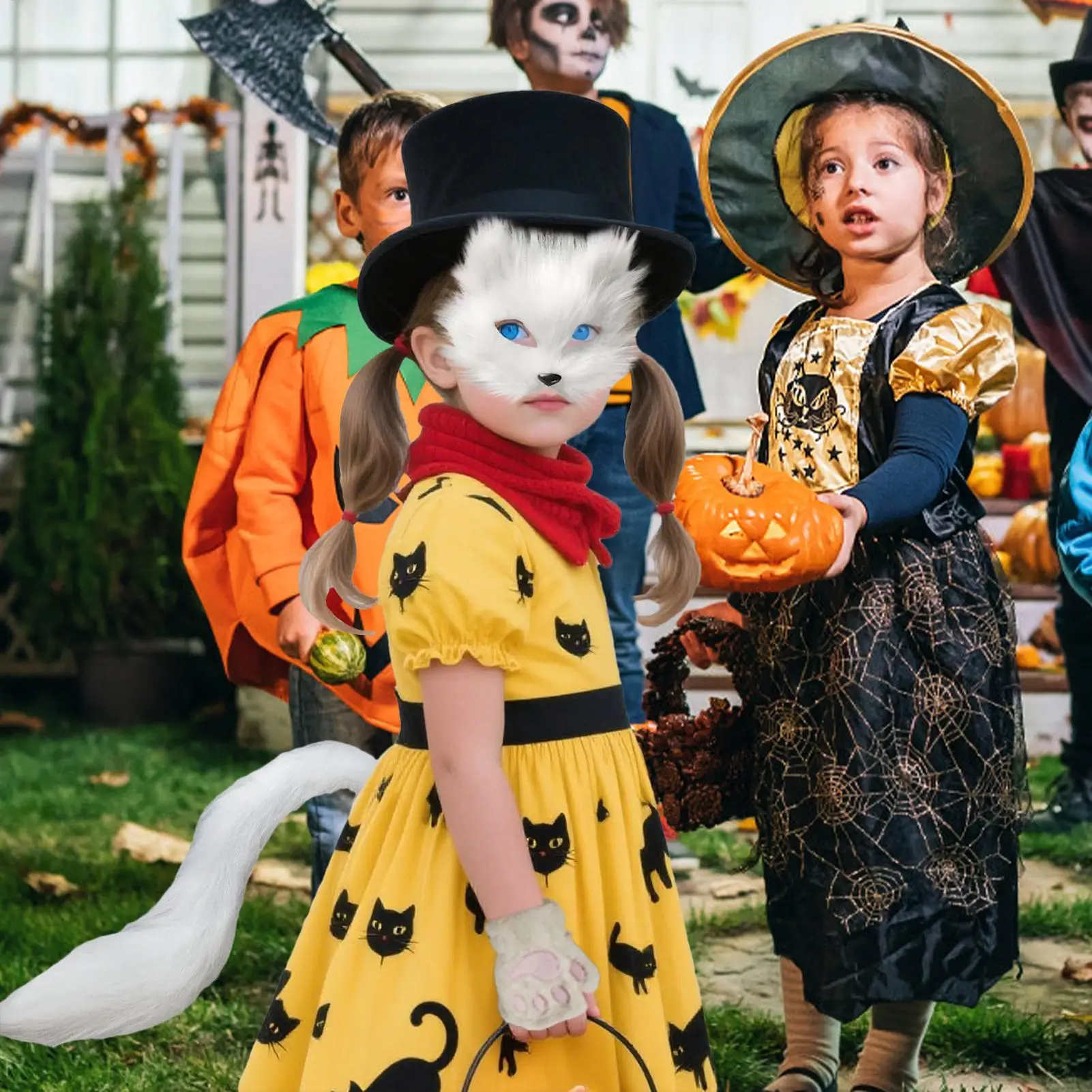 

Halloween Face Cover Half Face Animal Furry Face Masque Halloween Accessories Gloves Tail Cosplay Costume for Kids Adults Dress