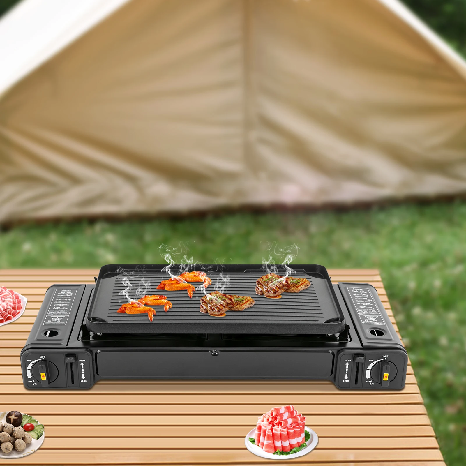 

Professional Dual-Burner Portable Camping Stove with Grill Tray Dual 1.15kW Burners for Outdoor BBQ & Picnics