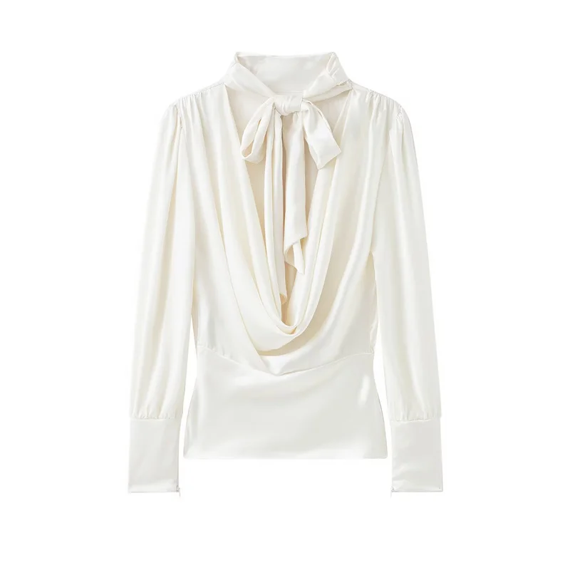 

Women's Shirt 2025 Autumn New White Long-Sleeve Draped Collar Satin-Textured Ribbon-Decorated Pullover Shirt Elegant and Fashion