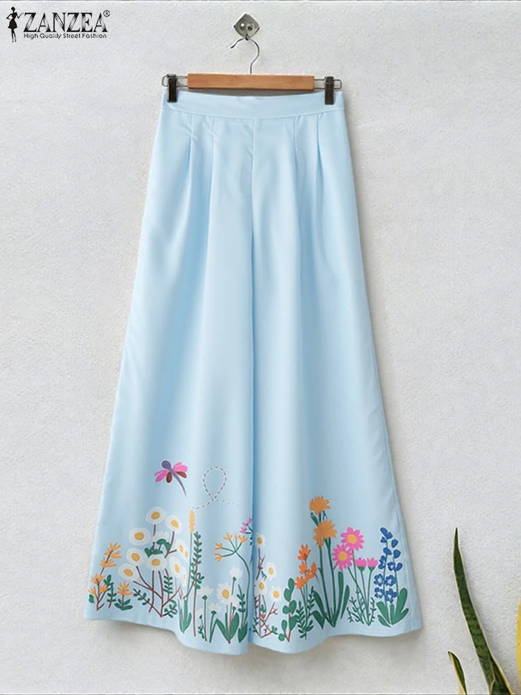 ZANZEA Retro elastische taille pantalons dames zomer wijde pijpen broek 2025, mode casual bedrukte lange broek zakken elegante broek