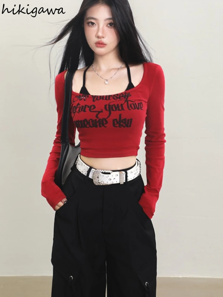 Sexy Tshirts Outfits Chic Two Piece Set Women Clothing Letter Print Casual Long Sleeve Tees Ropa Mujer Korean Y2k T Shirt Suit