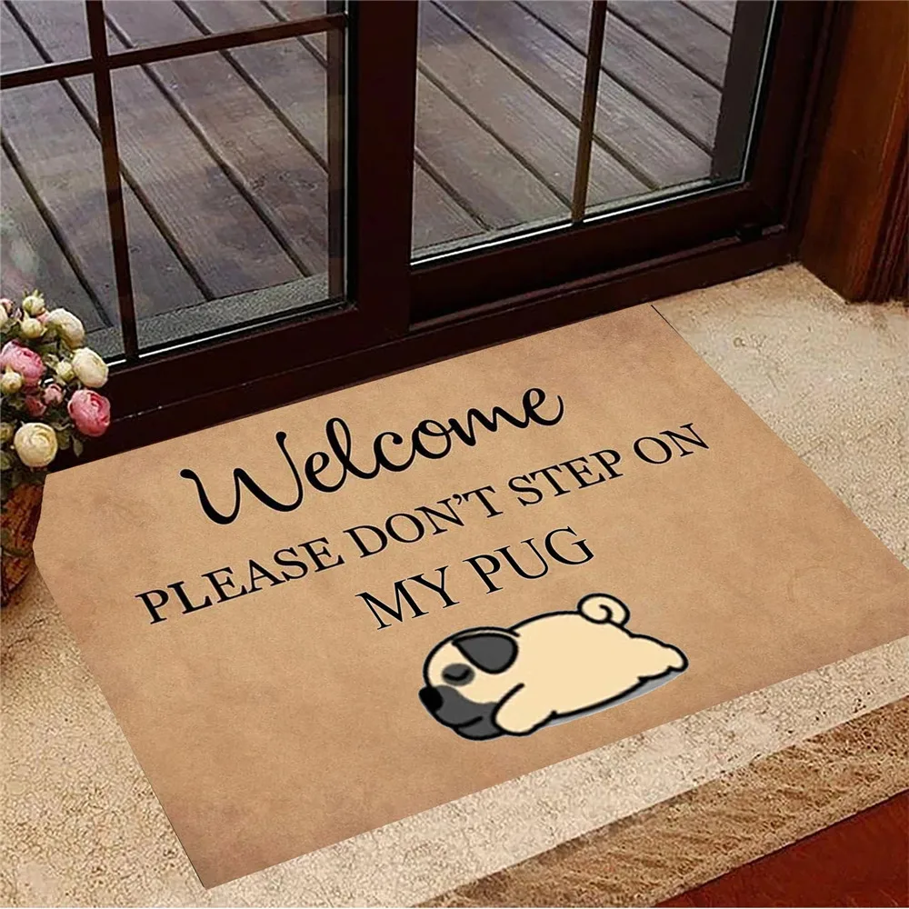 

HX Funny Doormat Welcom Please Don't Step On My Pug Entrance Floor Mat Flannel Indoor Carpets Hallway Rugs Dog Lovers Gifts