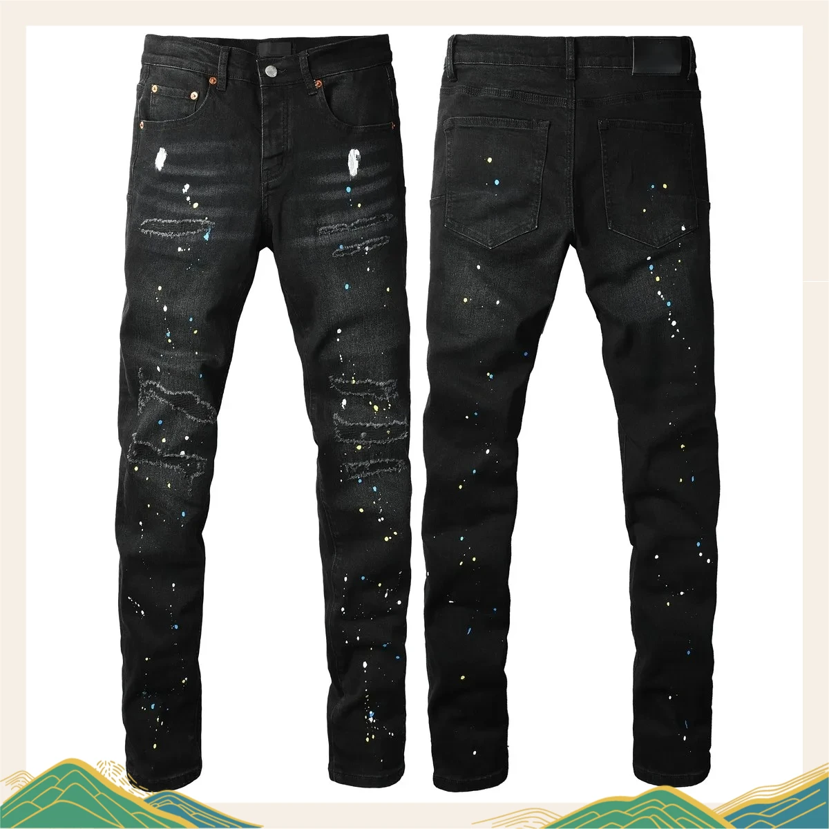 New Fashion Jeans Men High Street Black Splashing ink graffiti Distressed Hole Stretch Skinny Button Fly Ripped Jeans Brand