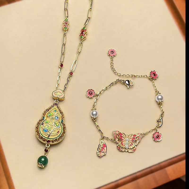 

Autumn Winter New Set Jewelry Necklace Water Drop Bracelet Butterfly Shape Enamel Craft Retro Chinese Style Fashion Women's