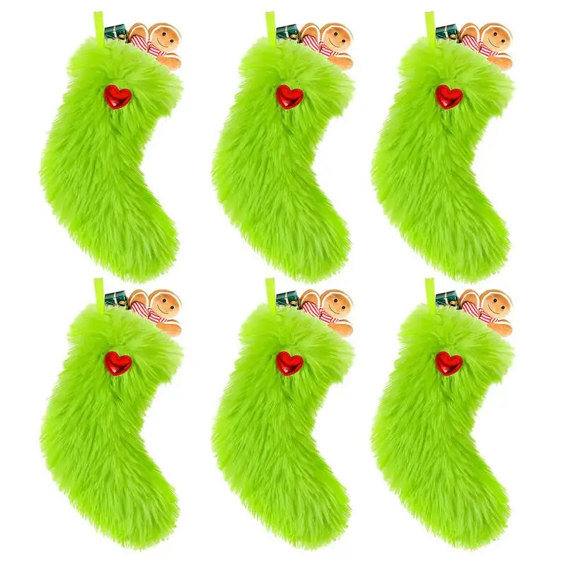 Green Christmas Stockings 9inches Christmas Stockings 6pieces Green Treat Bags Faux Flush Candy Pouch Fireplace Christmas Decor