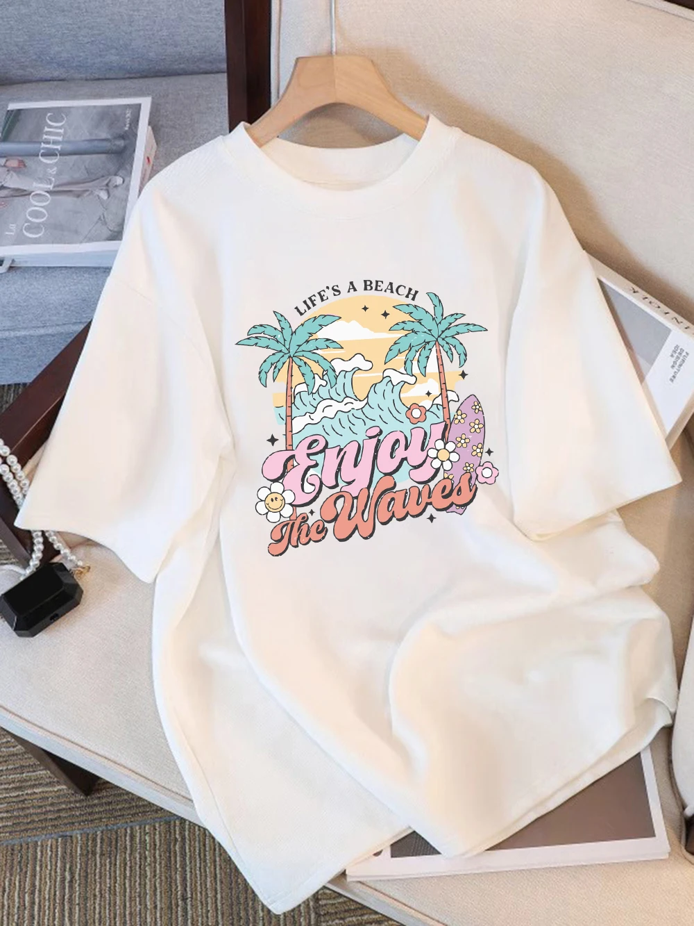 Women T-Shirt Cotton Summer Enjoy The Wave Life'S A Beach Printed T Shirt O-Neck Comfortable Loose Tops All-Match Woman Clothes