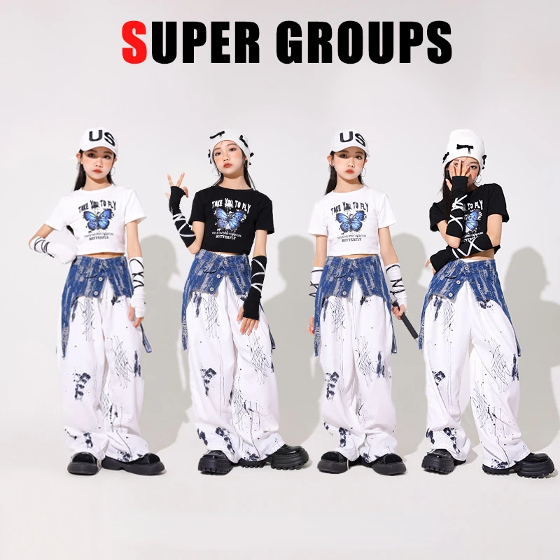 Summer Girls Hip Hop Clothes Sets Kids Jazz Dance Costume White Tops Pants Performance Suit Kpop Clothing Concert Stage Outfits