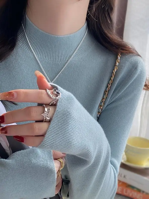 

Blue High-End Knitted Sweater Women's Autumn Winter f High Collar Base Layer Soft Cozy Top New 2025 Trendy Sle Commute
