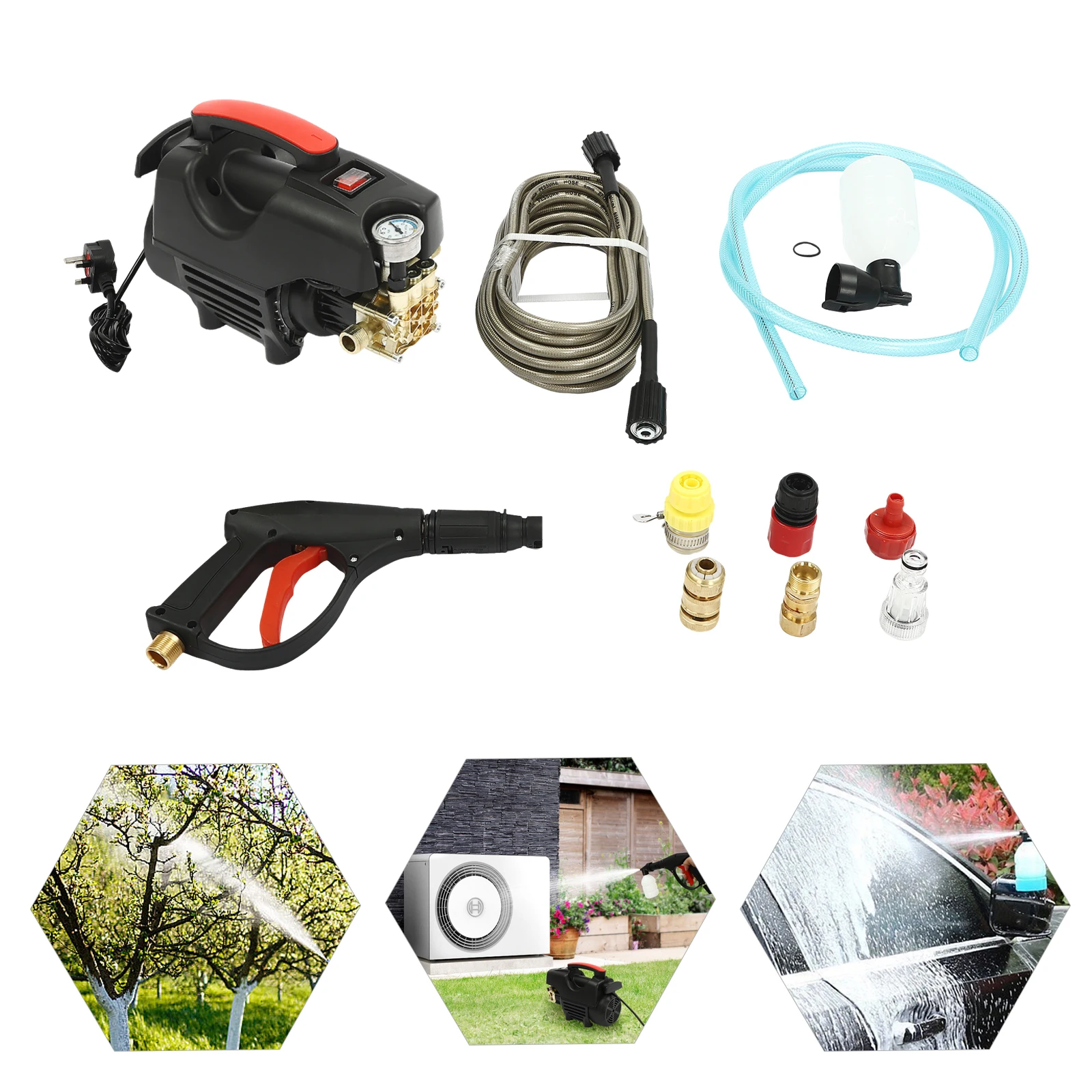 High Pressure Washer (Short Gun + 10m Hose + Copper Inlet/Outlet Fittings) - Portable Car Cleaning Machine for Home Use