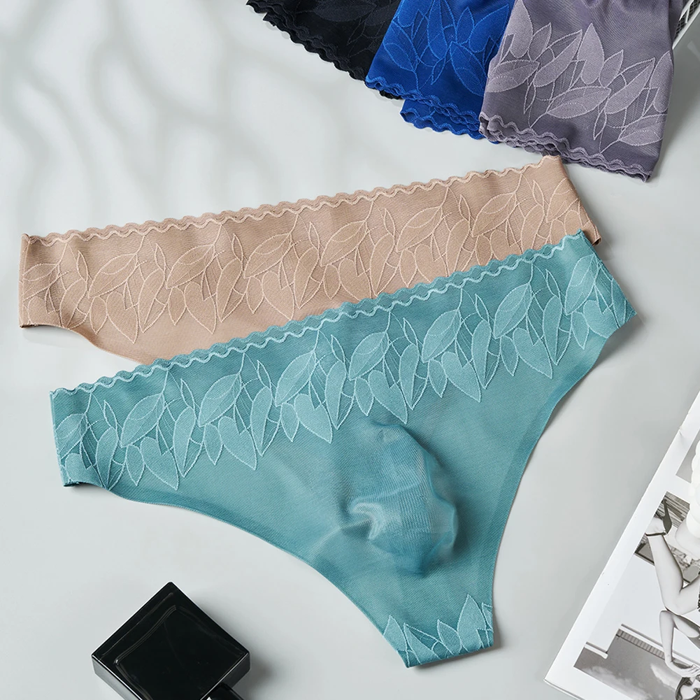Cooling Breathable Men Smooth Seamless G-string Low Rise Lace T-Back Thongs High Elastic Briefs Underwear Male