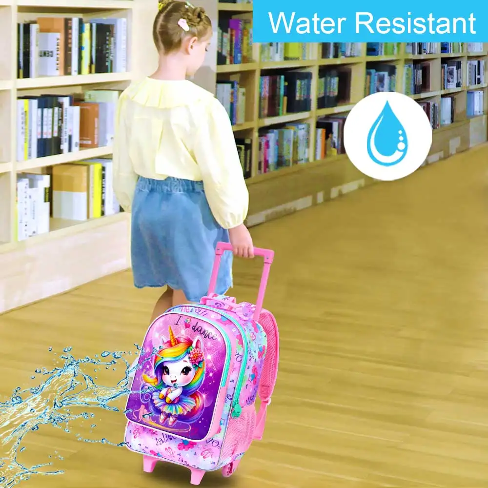 4PCS Unicorn Rolling Backpack for Girls - Cute Wheeled School Set with Lunch Box,Water Resistant Roller School Backpack on Wheel