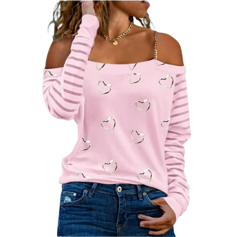 Spring Autumn Fashion Women\'s Love Printed Long Sleeve Clothing Casual Strapless Halter Top Loose Bottoming Shirt Woman Tshirts