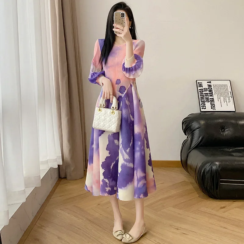 

Miyake 2025 Summer New Pleated Dress Pleats Thin Buds French Pleated Coffee Break Dress Foreign Style Smudge Long Dress Women