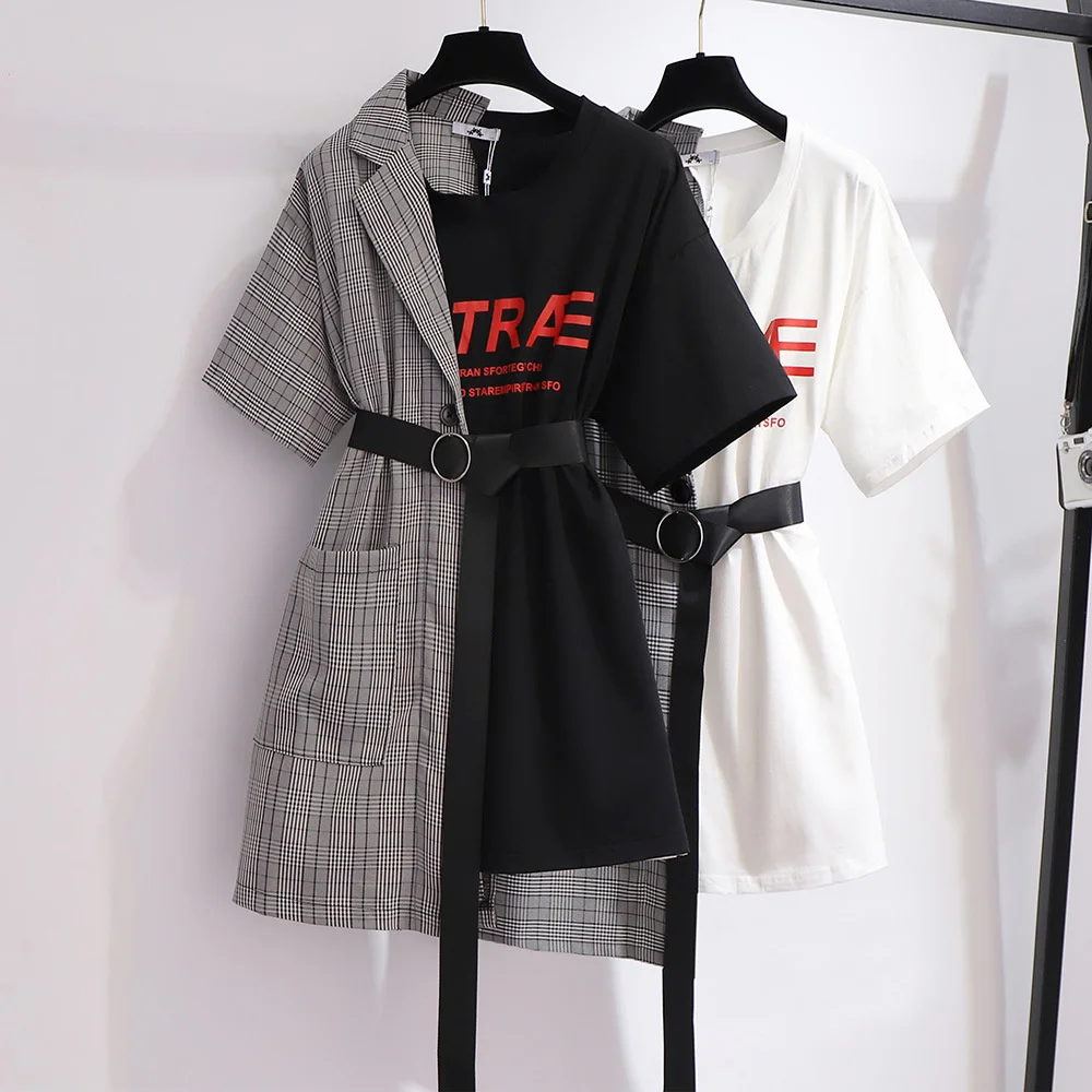 

New Summer Women Fake Two Pieces DressT-shirt Skirt Patchwork Blazer Short Sleeves Letter Printed Female Outwear Oversized 6XL