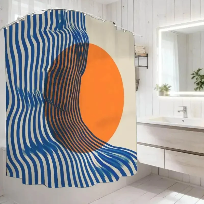 

Optical Illusion Shower Curtain – Blue & White Wavy Stripes with Orange Circle, 12 Hooks, Waterproof Retro Modern Decor