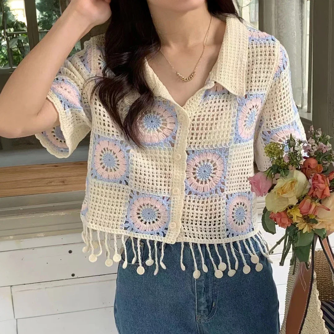 

Granny Square Crochet Top Short Sleeve Polo Collared Button Down Open Knit Crop Cardigan for Women Teengirl Boho Vintage Outfit