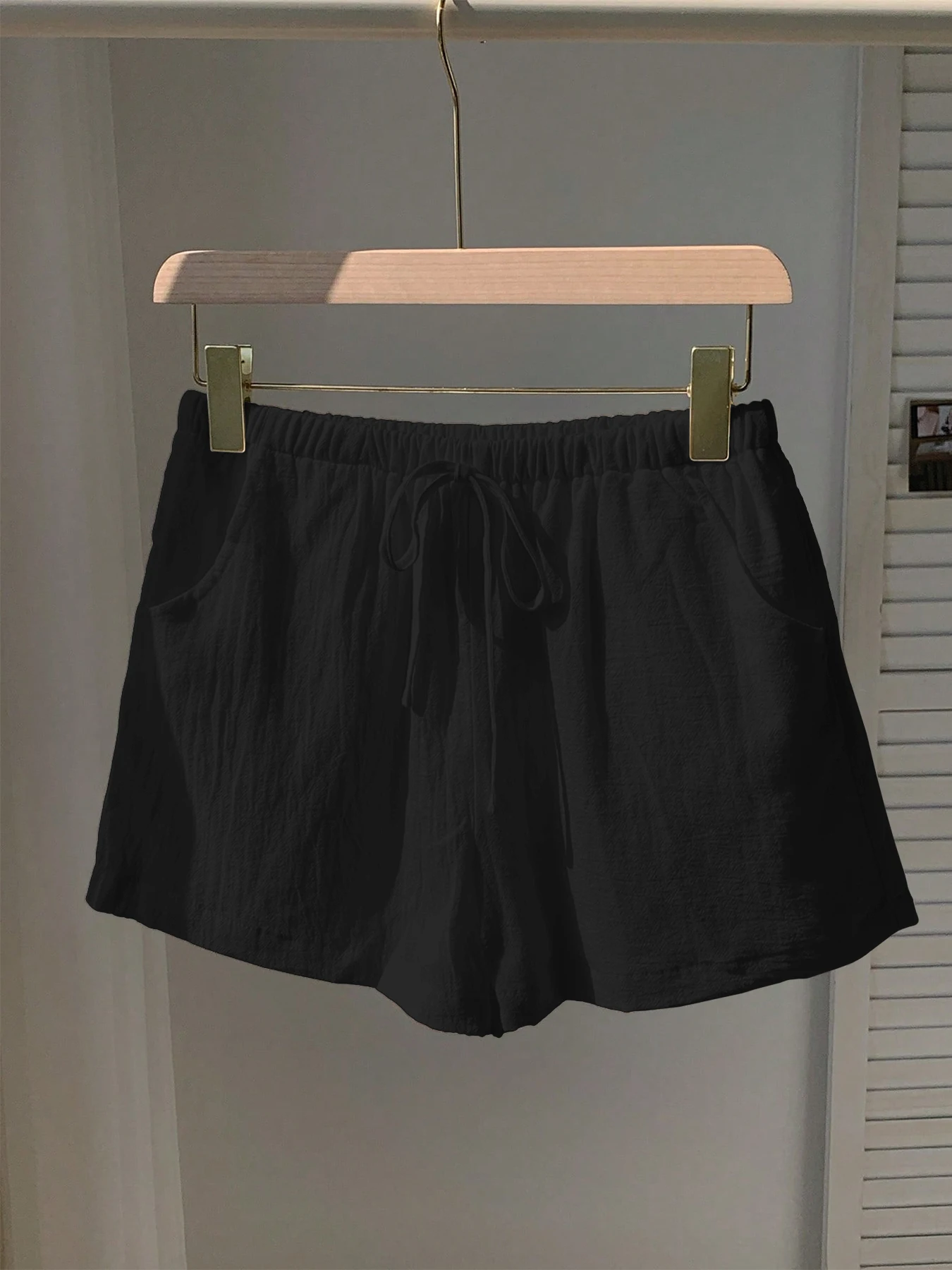 Damen Neue Frühling-Sommer Leinen Einfarbige Lässige Sport-Shorts mit Elastischem Bund und Kordelzug – Detail 1
