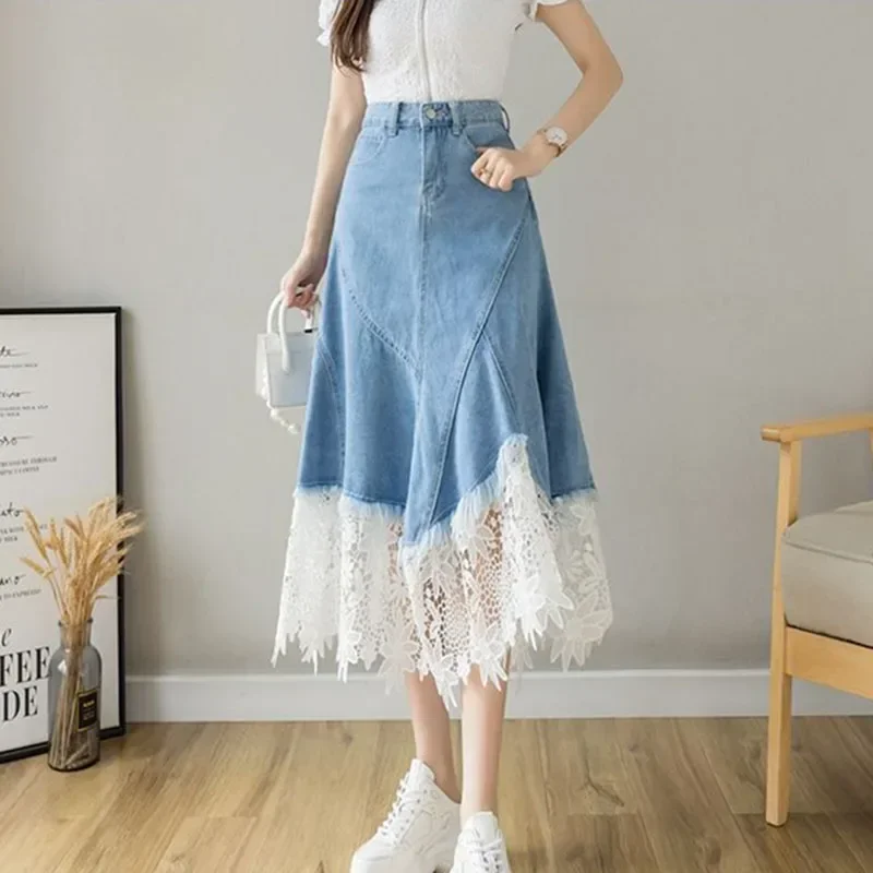 

Harajuku Lace Patchwork Denim Skirt Woman Korean High Waist Blue Midi Skirts Women Summer Fashion Plus Sized 3Xl A-Line Skirt