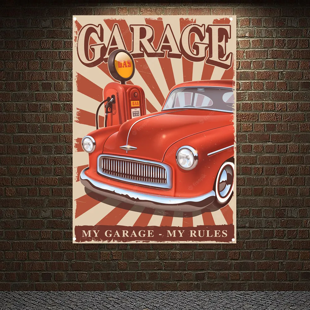

MY GARAGE MY RULES Vintage CAR FULL SERVICE Poster Auto Repair Shop Pin Up Art Banner Wall Painting Gas Station Home Decor Flag