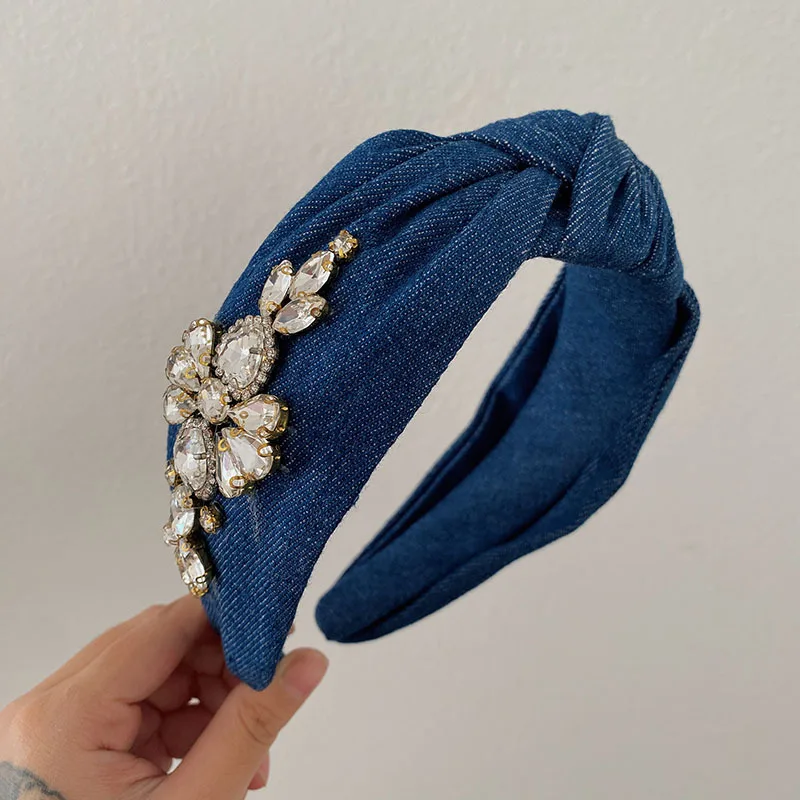 New Crystal Diamonds Headband for Women Fashion Denim Fabric Hairband Top Bow Knotted Wide Head Band Women Hair Accessories