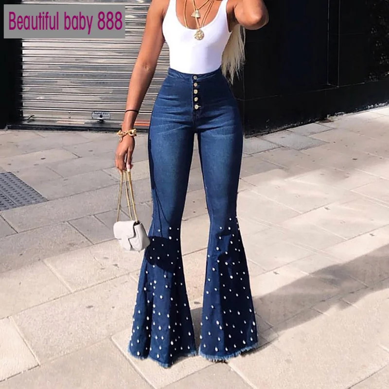 

Beaded Denim flare jeans Women high waist elastic skinny jeans Wide Leg Trousers ladies Casual bell bottom jeans Pants plus size