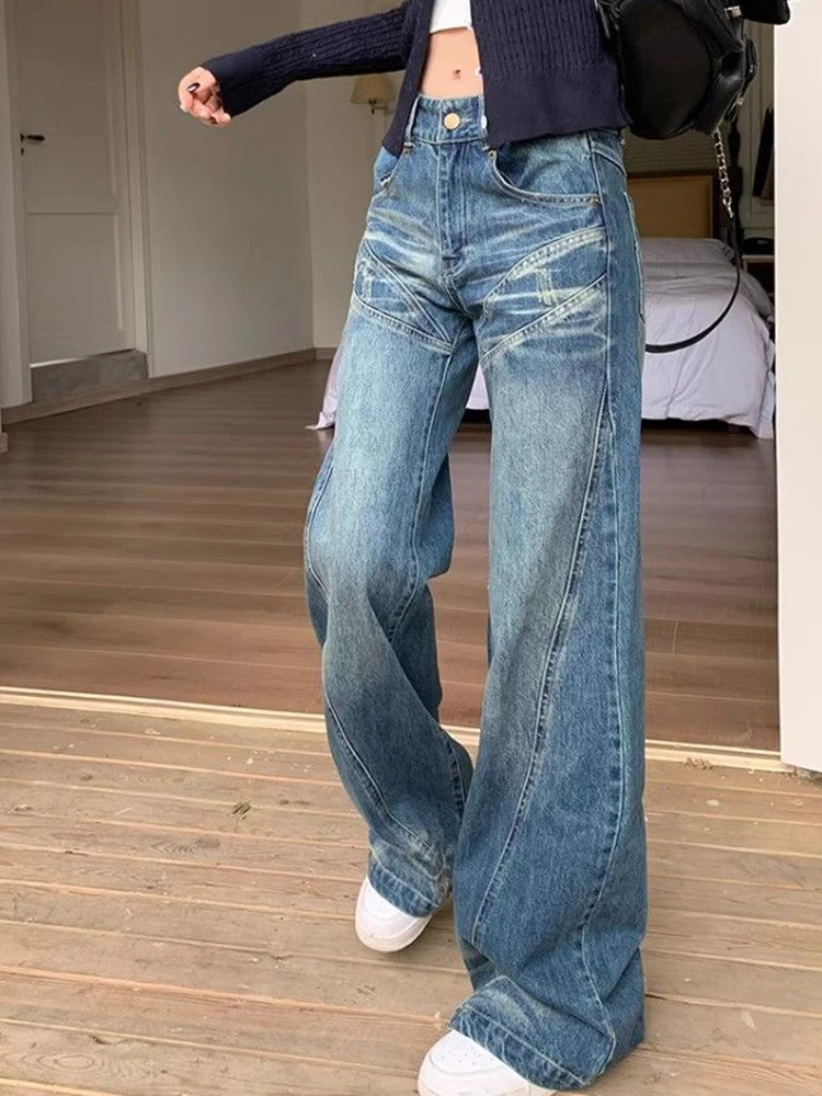 

Woman Vintage Flare Jeans Korean Autumn New High Waist Slim Button Denim Pants Y2K Retro Streetwear Loose Lady Wide Leg Trousers