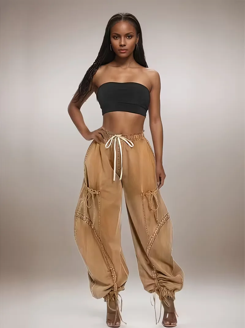 Womens Baggy Jeans Women'S Fashionable Drawstring Lace-up