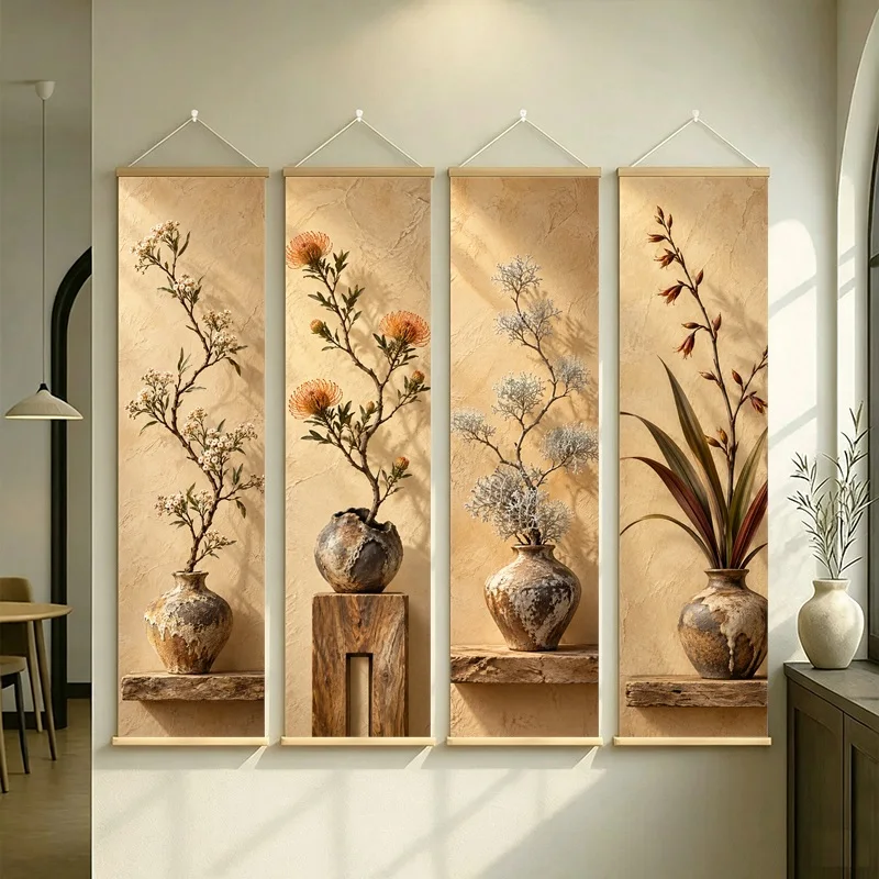 Wall Decor Grass Tree and Leucadendron, Serene Wabi-Sabi Botanical Silver Shimmer Canvas Hanging Scroll for Zen Sanctuary